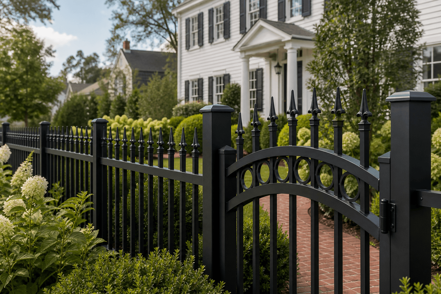 Black powder-coated aluminum fence in front of a Massachusetts colonial home