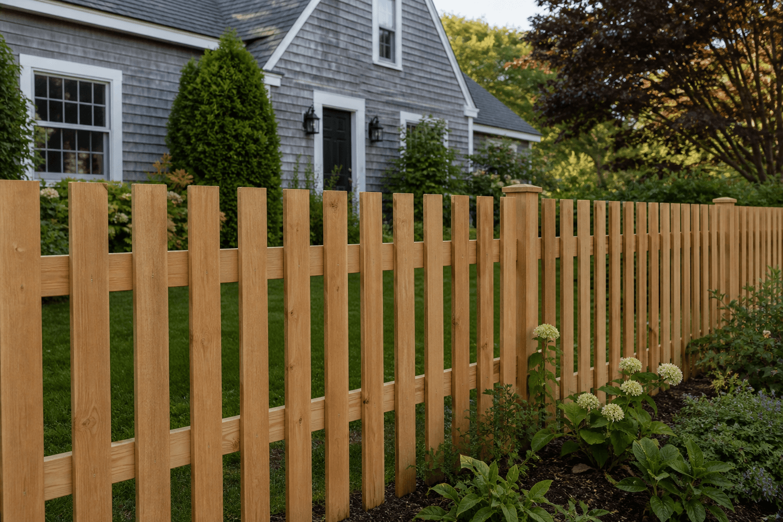 Natural cedar picket fence in front of a gray-shingle New England home