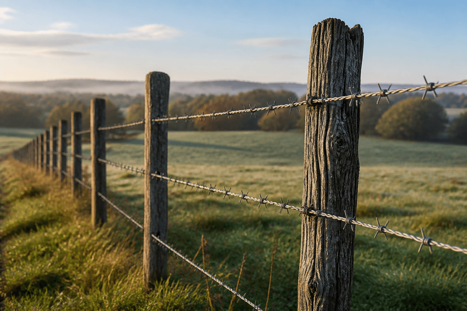 Barbed-wire fence on wood posts along a rural Massachusetts pasture