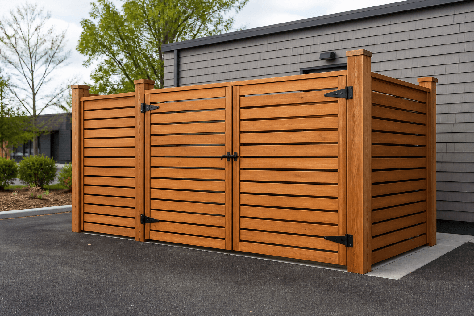 Wooden dumpster screening enclosure at a Massachusetts commercial property
