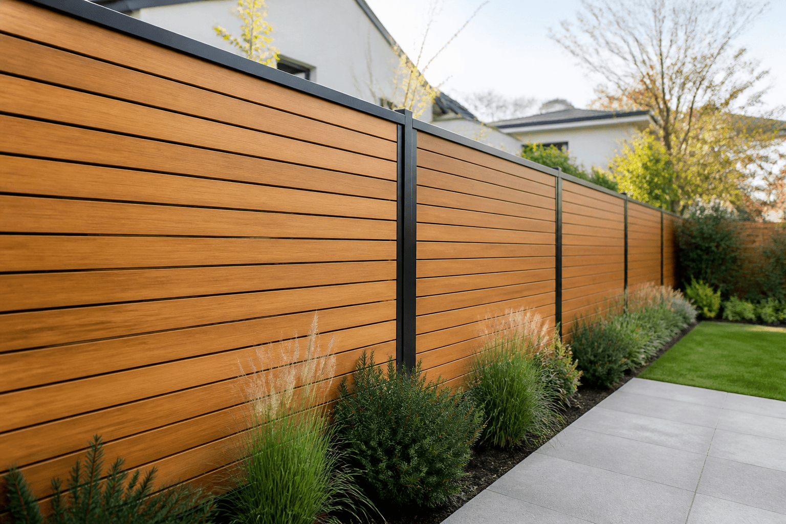 Sleek engineered bamboo fence in a modern Massachusetts backyard