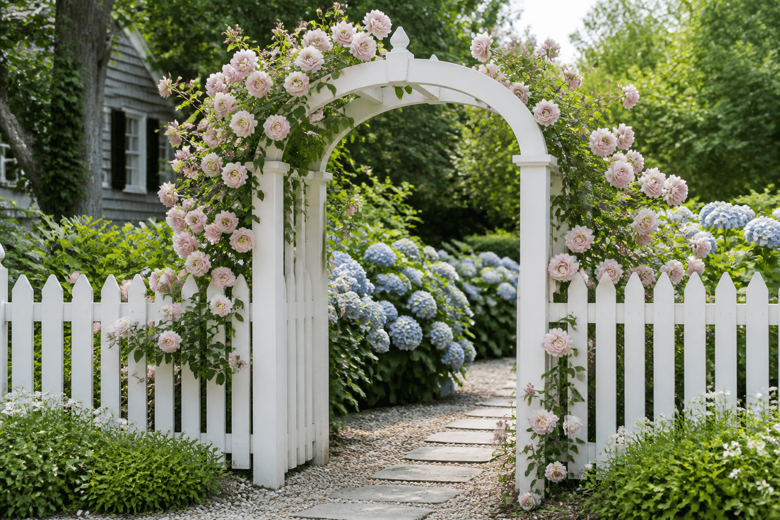 White wooden garden arbor with climbing roses in a Cape Cod garden in Massachusetts