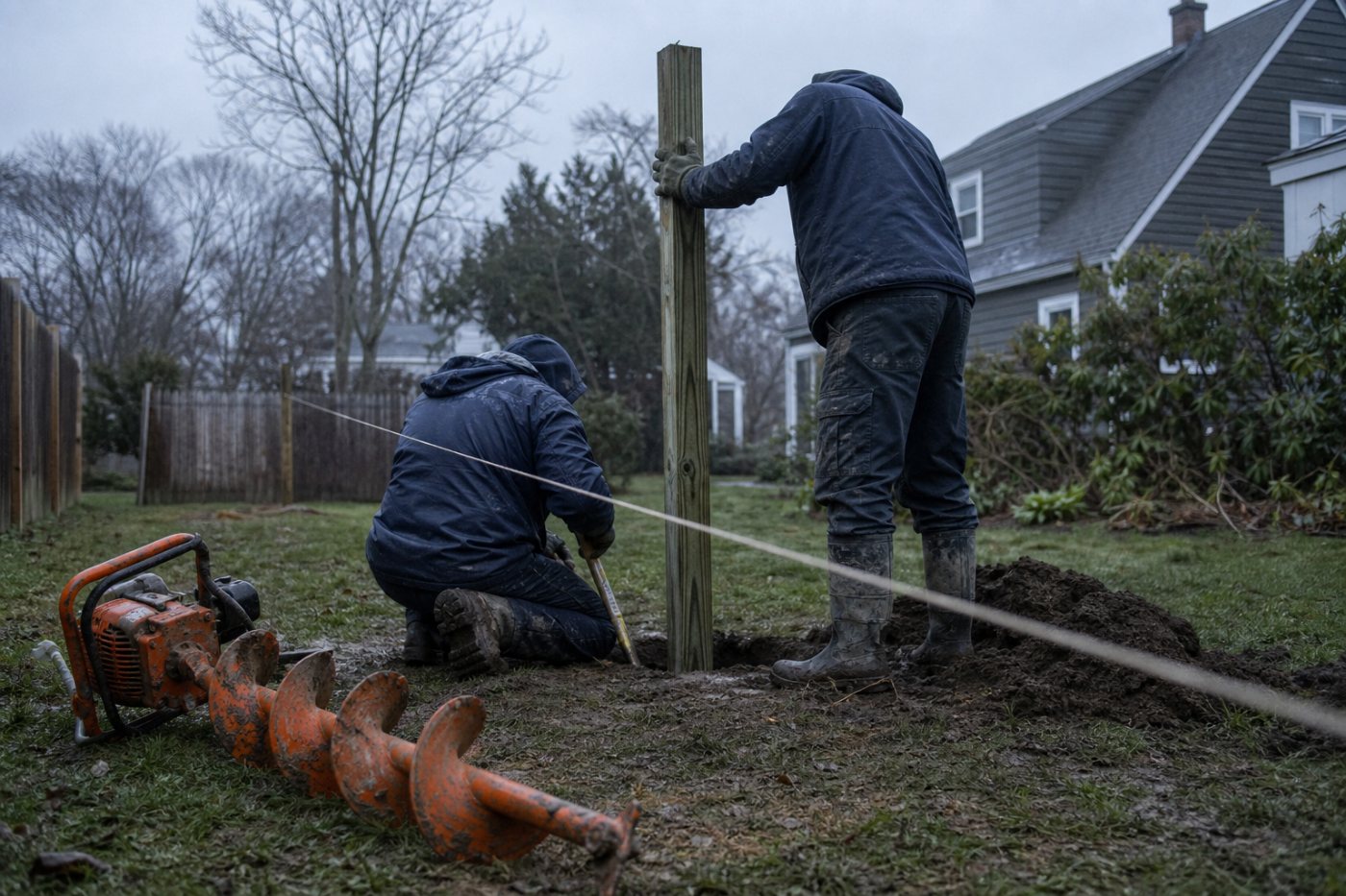 Two installers setting a fence post in a back yard on an overcast morning