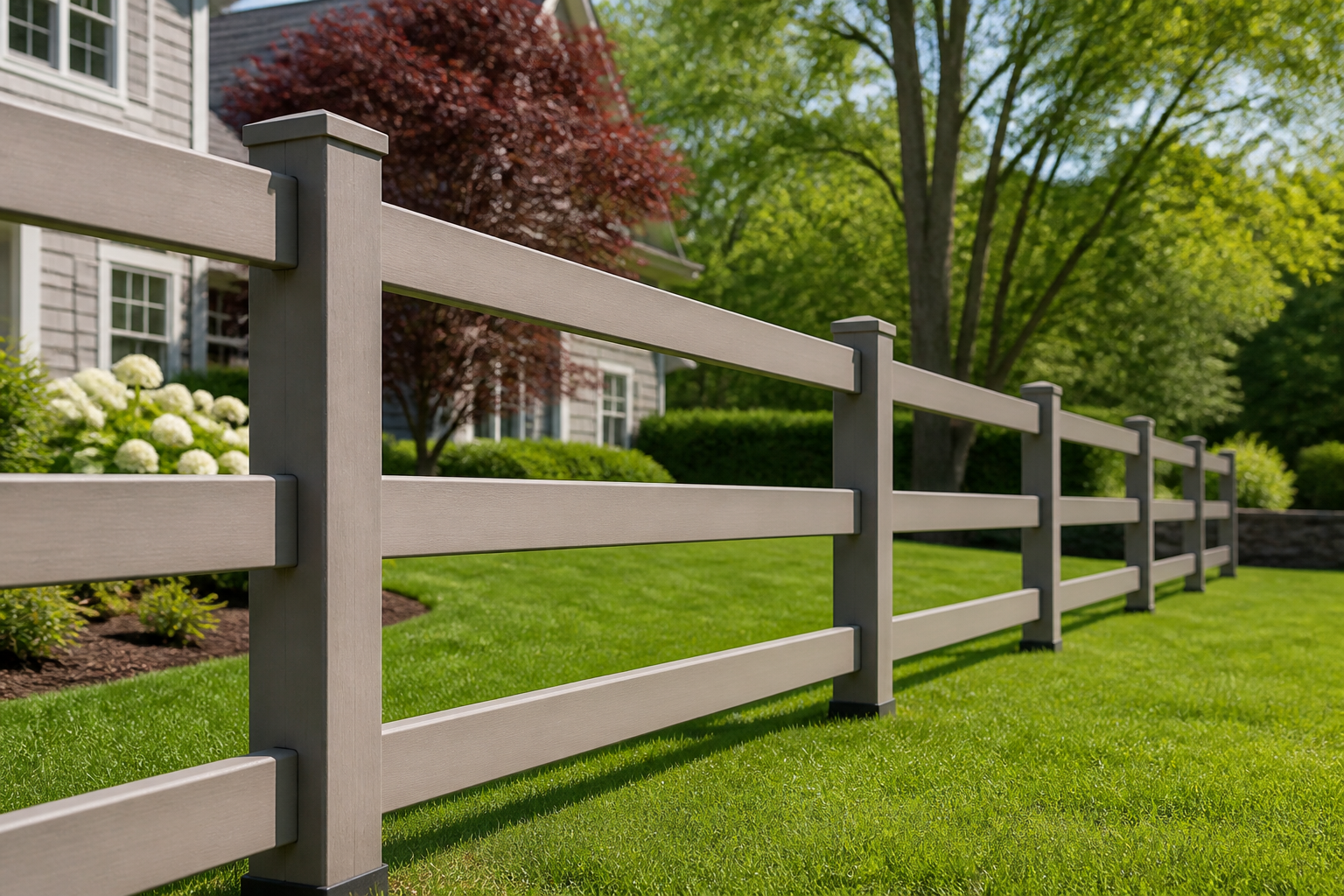 Composite post-and-rail fence in a Massachusetts suburban yard