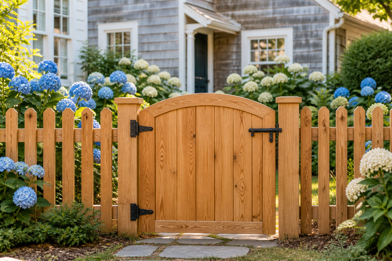 Cedar wooden garden gate at a Cape Cod coastal cottage in Massachusetts