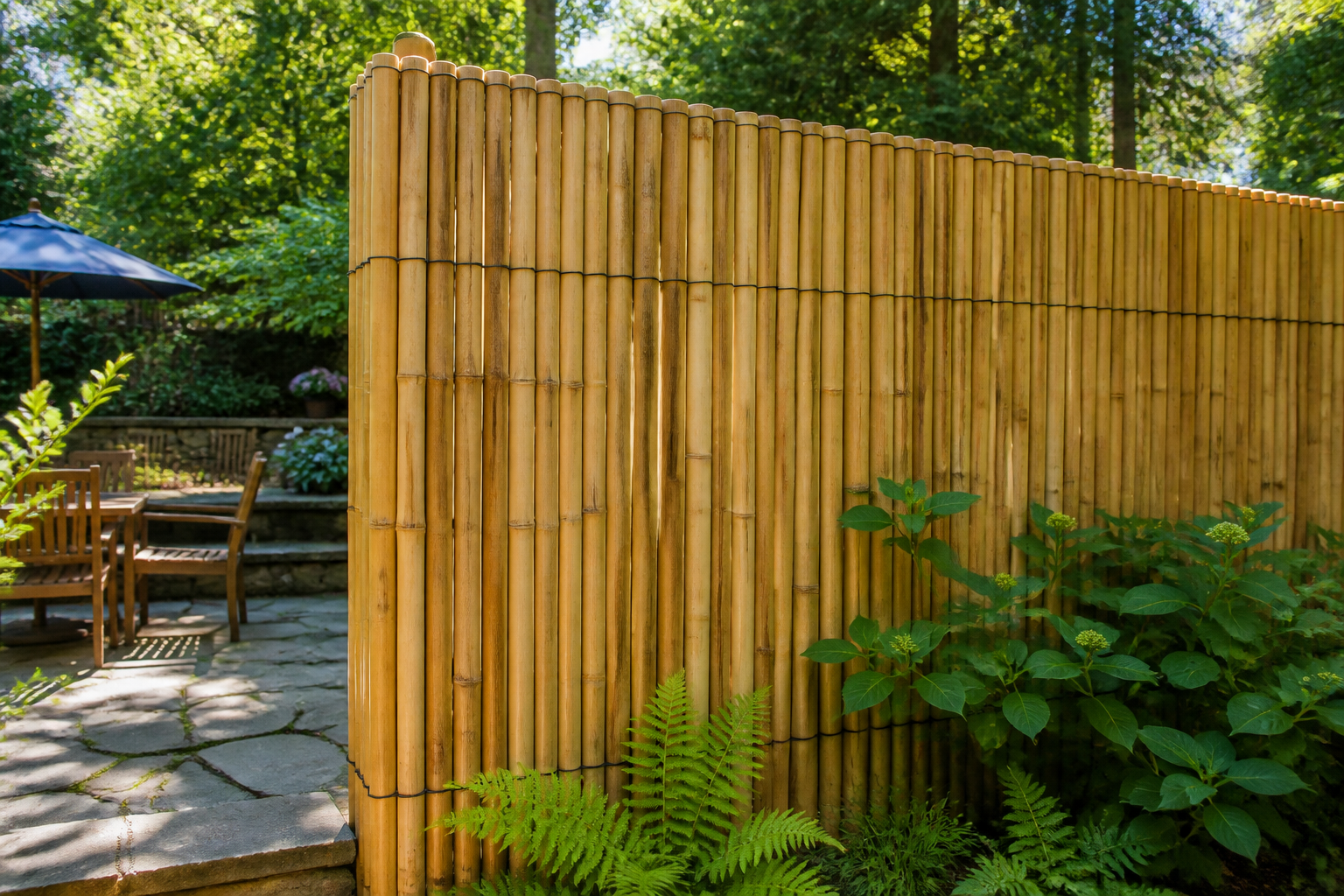 Rolled natural bamboo fence panel screening a Massachusetts garden patio