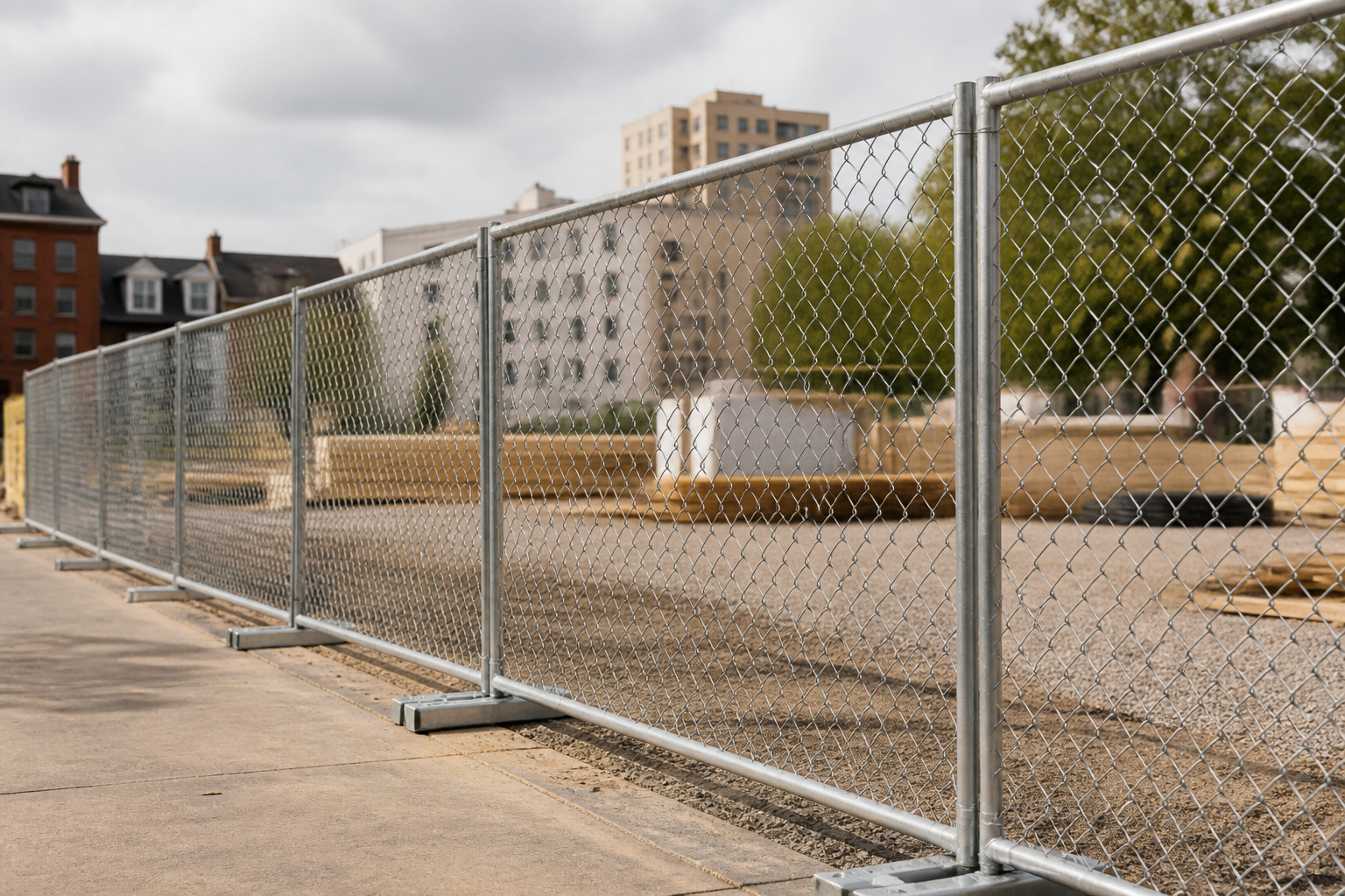 Temporary chain-link panel fencing around a Massachusetts work site
