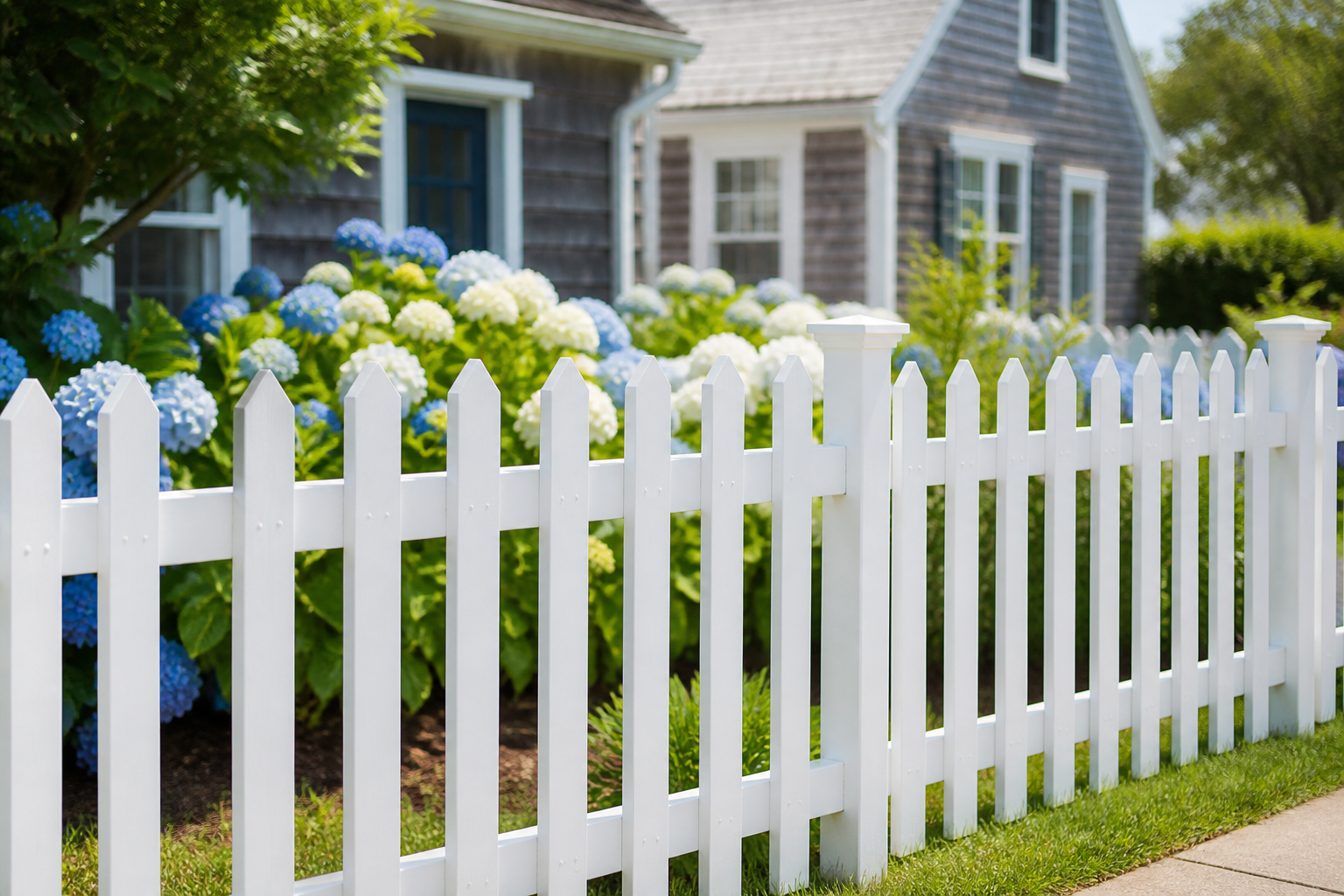White vinyl picket fence in a Cape Cod front yard in Massachusetts