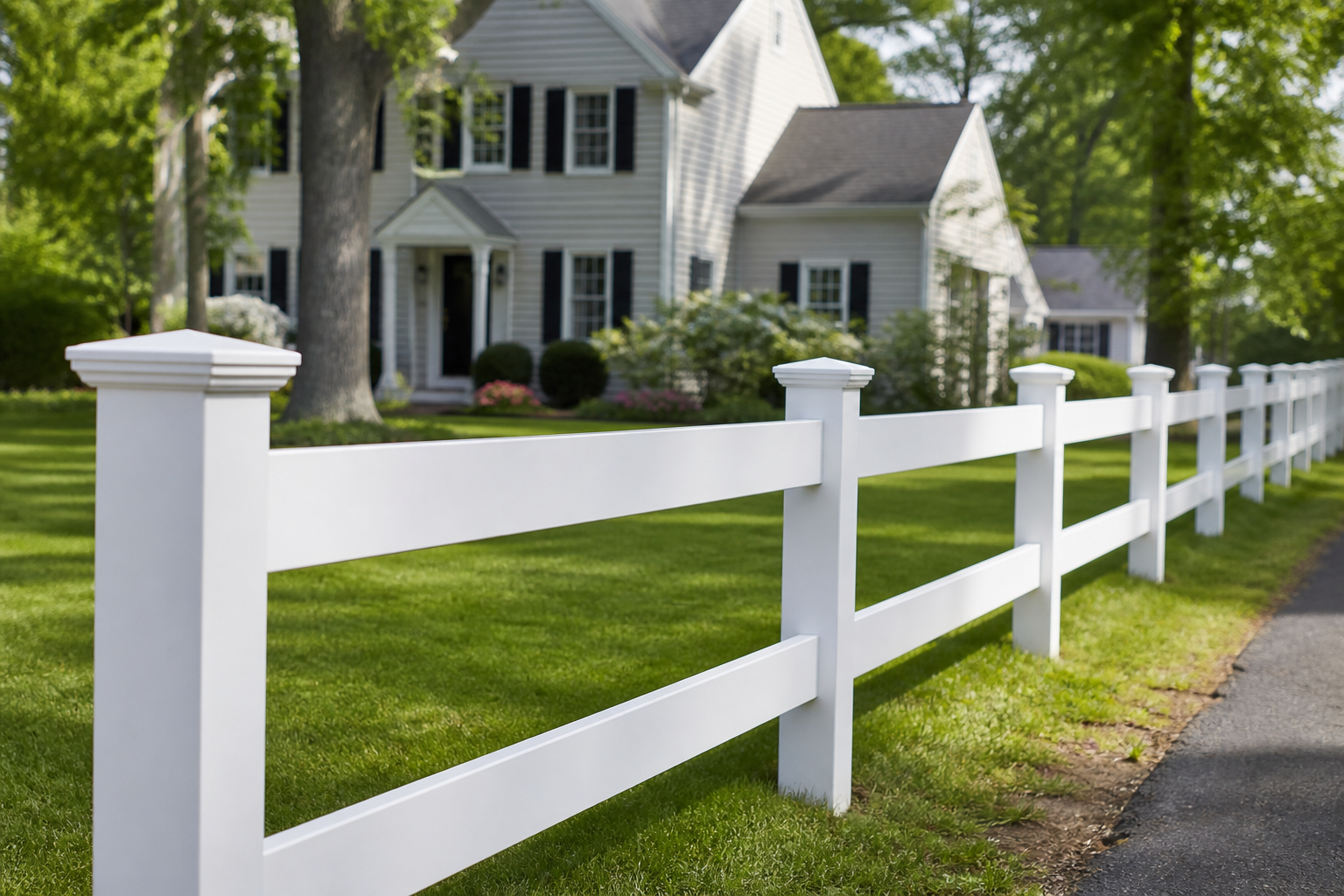 White vinyl post-and-rail fence along a Massachusetts front yard
