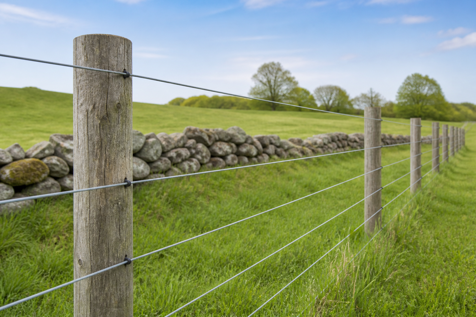 Galvanized wire boundary fence along a rural Massachusetts field